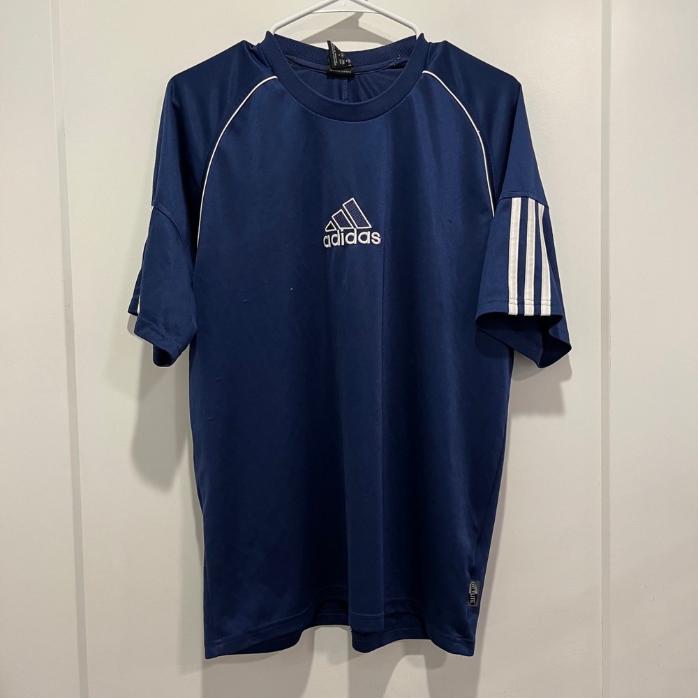 Adidas Climalite Navy Blue Soccer Jersey Mens Medium White Stripes Logo T-Shirt